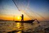 Fisherman,Catch,Fish,Net,On,Boat,With,Sunset,Background,,Inside