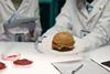 Unrecognizable,Lab,Worker,Holding,Plate,With,Artificial,Meat,Hamburger