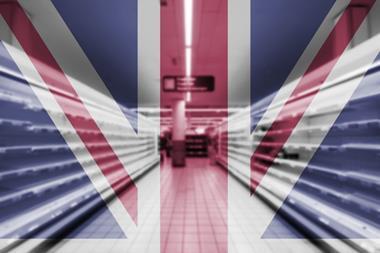 Empty,Supermarket,Shelves,In,The,Uk,Overlaid,With,Union,Jack,