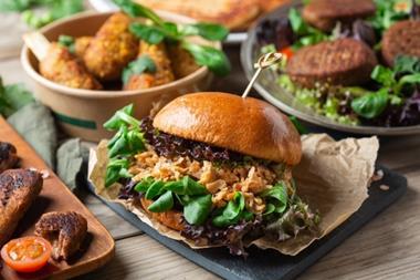 .Close-up of a plant-based burger showing texture and structure designed to replicate meat