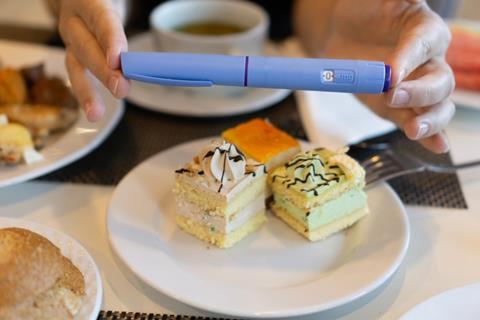 GLP-1 injection next to small plate of cakes