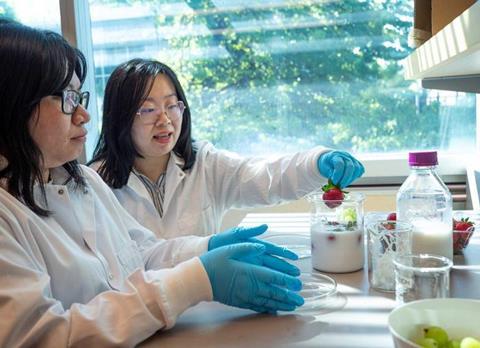UBC doctoral student Ivy Chiu (l) and UBC assistant professor Dr. Tianxi Yang demonstrating their agar-based coating.