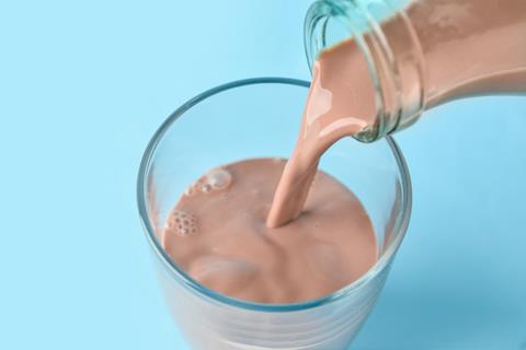 Pouring,Of,Delicious,Chocolate,Milk,From,Bottle,Into,Glass,On