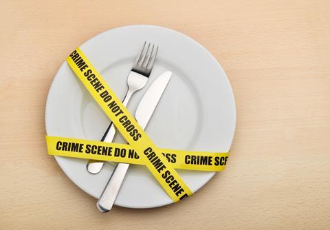 Dangerous,Food.,Empty,Plate,,Fork,And,Knife,Wrapped,In,Crime