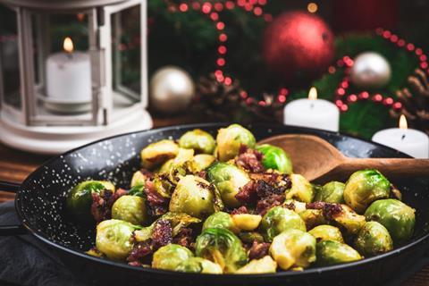 Fried,Or,Roasted,Brussels,Sprouts,With,Bacon.,Chrstmas,Festive,Healthy