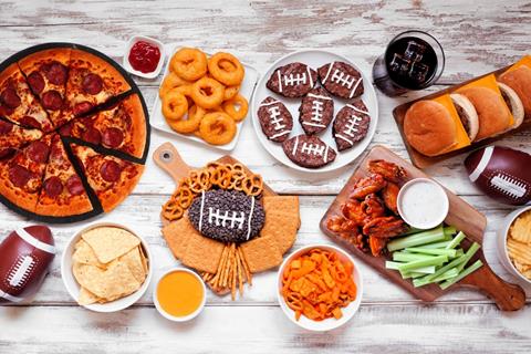 Superbowl,Or,Football,Theme,Food,Table,Scene.,Pizza,,Hamburgers,,Wings,