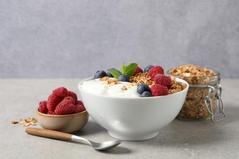 Tasty,Granola,With,Berries,And,Yogurt,In,Bowl,On,Grey