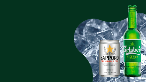 Sapporo beer can and Carlsberg beer bottle