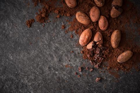 Cacao,Beans,And,Cacao,Powder,On,Dark,Background