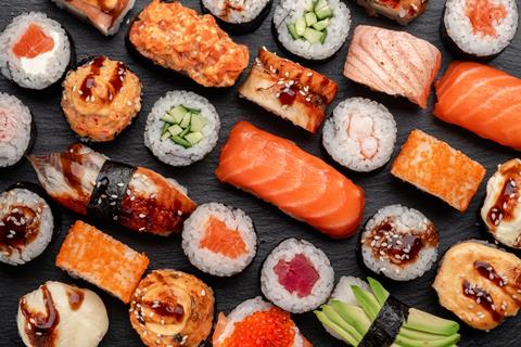 Assorted,Sushi,Nigiri,And,Maki,Big,Set,On,Slate.,A