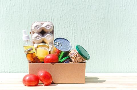 Donation,Box,With,Various,Food.,Cardboard,Box,With,Oil,,Juice,