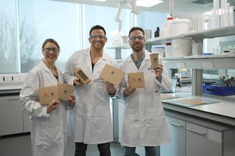 Channel 4 Meal Deals host Joe Swash with Xampla CEO Alexandra French & Dr. Marc Rodriguez CTO Credit Purple Product