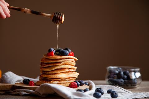 Pancakes,With,Berries,,Honey,And,Ingredients,On,The,Wooden,Background