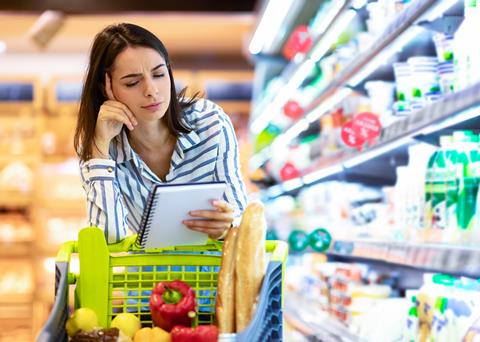 Pensive,Woman,Holding,Grocery,Shopping,Checklist,,Looking,In,Notebook,,Reading