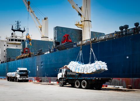 Ship,Crane,Lift-off,Slings,Of,Sugar,Bags,Cargo,From,Truck