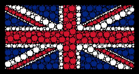 English,Flag,Mosaic,Made,Of,Apple,Icons,On,A,Dark