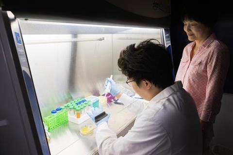 PhD student Tianzheng Liu, left, and Thomas J. Watson College of Engineering and Applied Science Professor of Biomedical Engineering Sha Jin have developed a method to turn food waste into biodegradab
